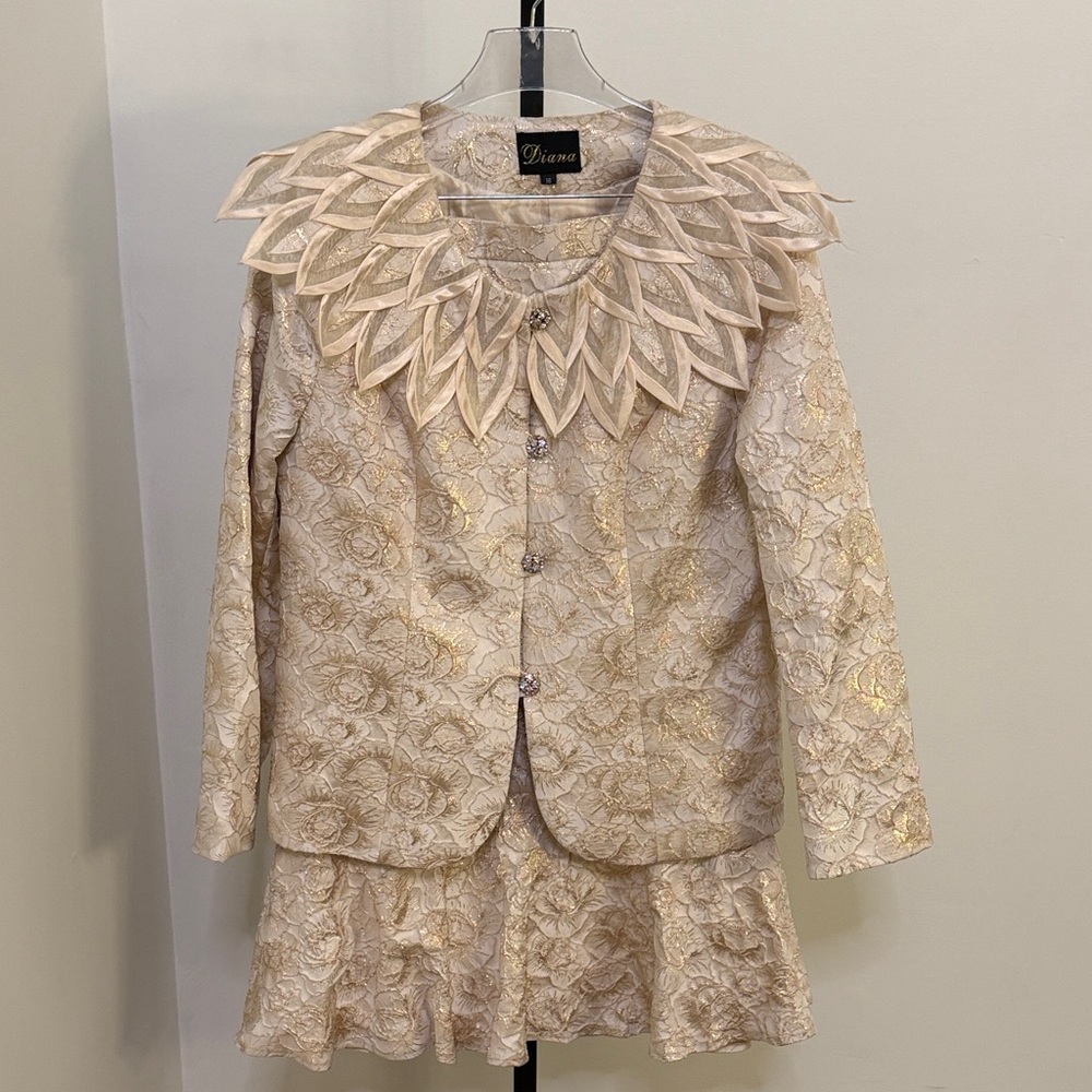 Elegant Cream and Gold Floral Blazer and Skirt Set